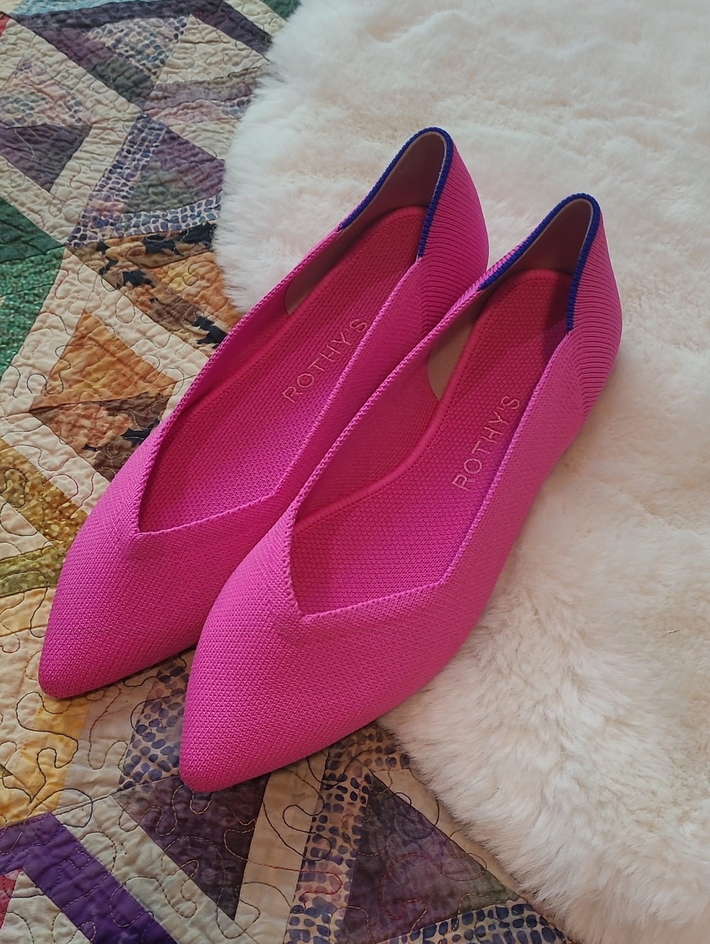 Rothy's The Point Pointed Flat in Bright Pink with Navy Trim Size 7